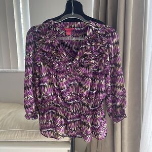 SUNNY LEIGH Ruffle V Neck Blouse  Sheer Long Sleeve Smocked Waist Button Up M